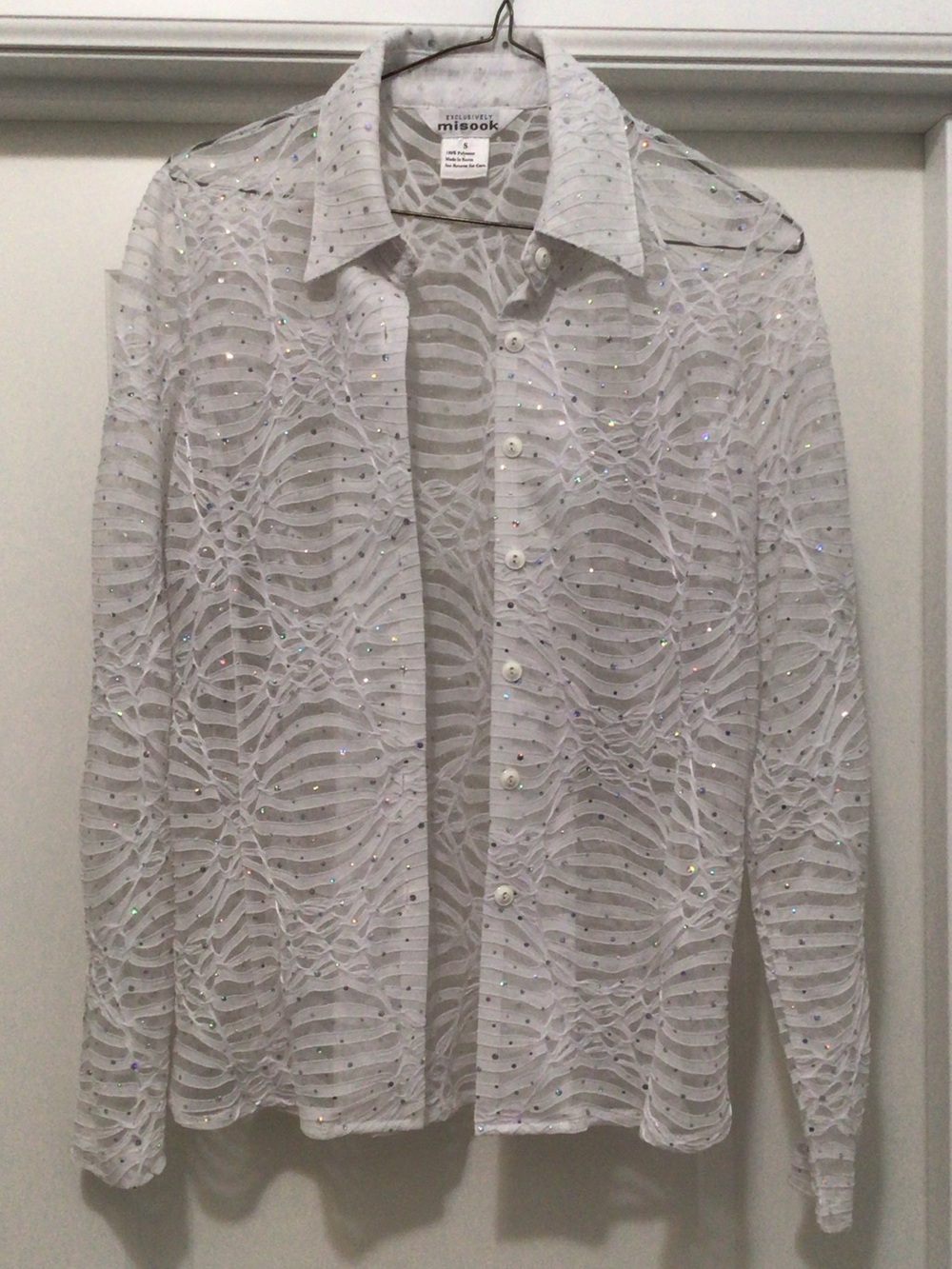 Misook White Sheer Cutout Button-Up Shirt with sequin Accents